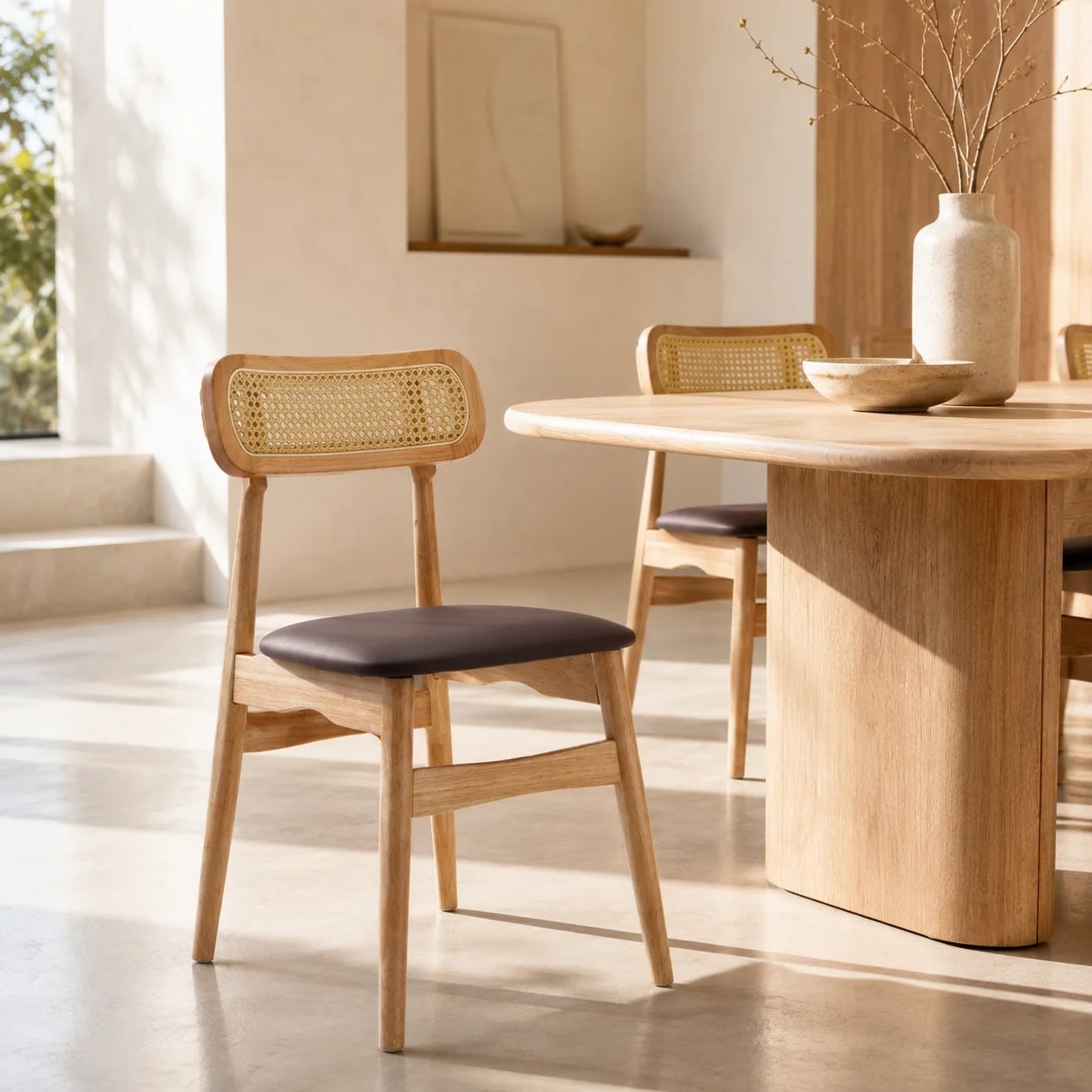 Chaise en bois Jenson en rotin et similcuir marron