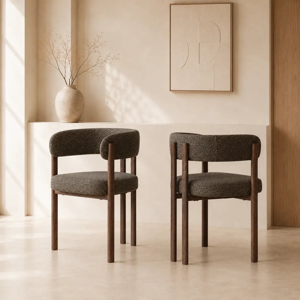Chaise Percy à Accoudoirs, Tissu Anthracite, Cadre Noyer
