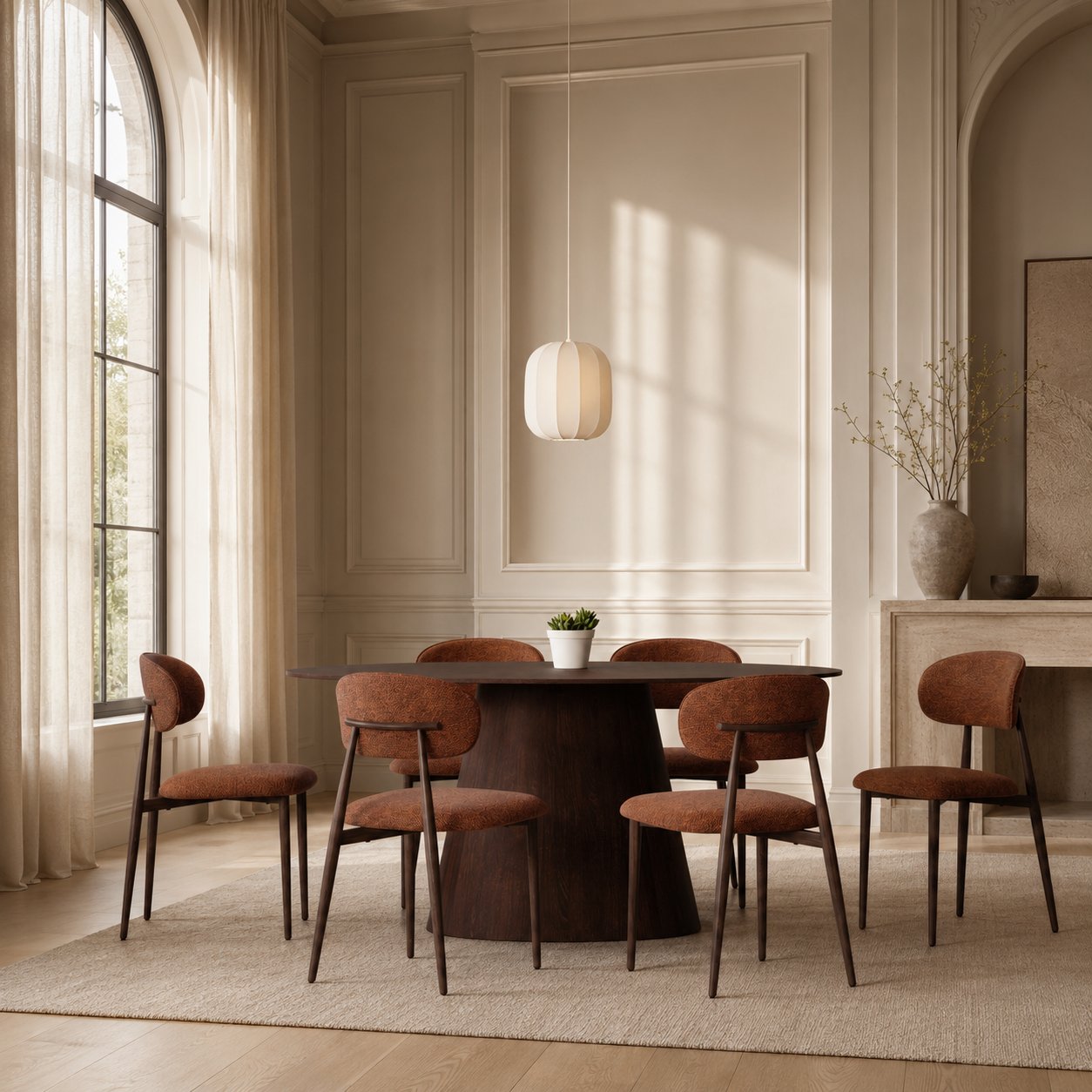Rabiah Dining Chair, Terracotta Fabric, Walnut