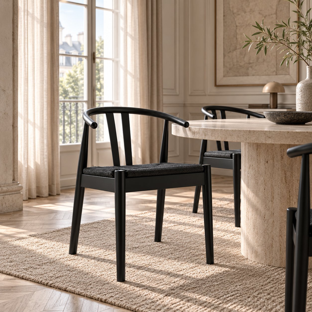Scandi Wooden Dining Chair, Black Rattan