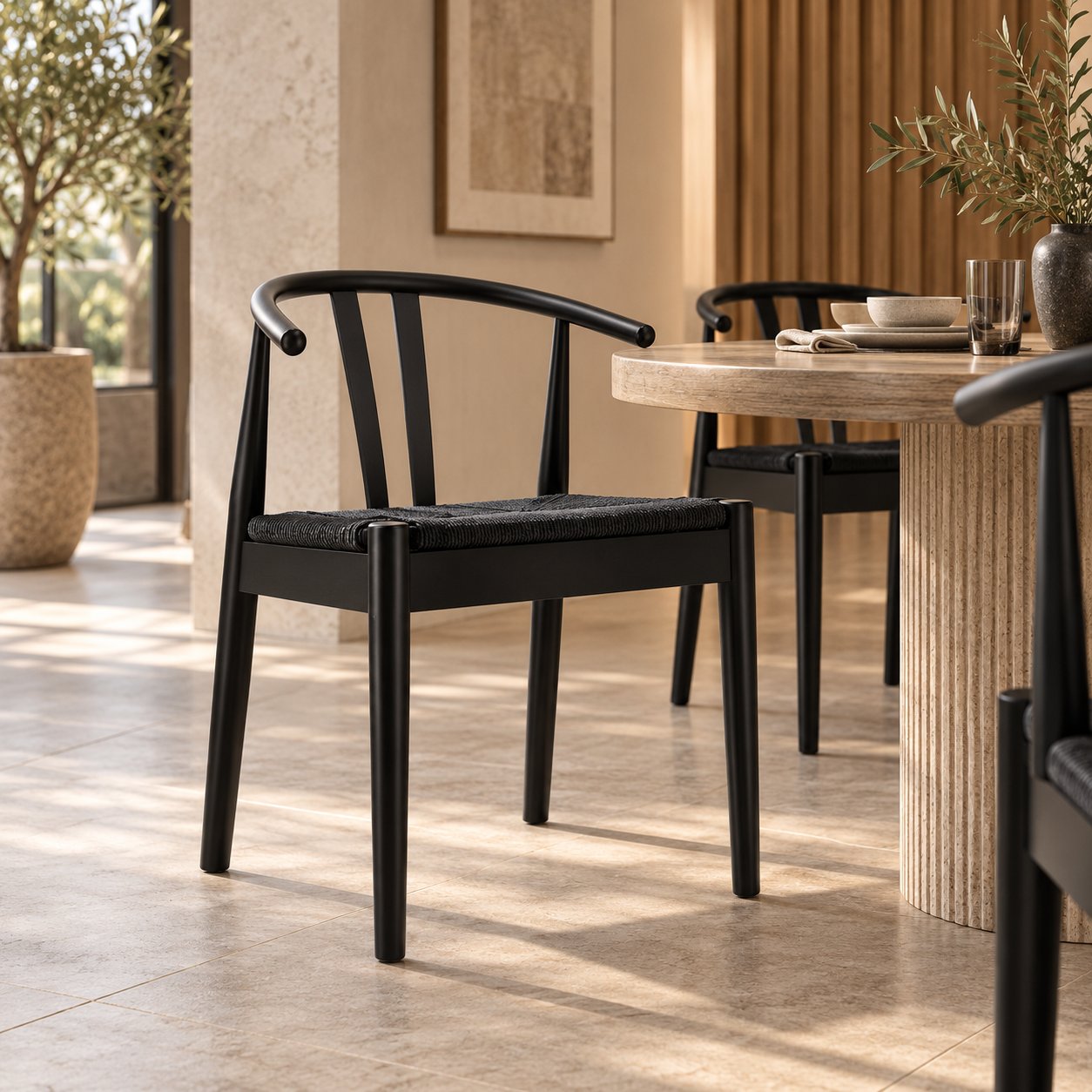 Scandi Wooden Dining Chair, Black Rattan