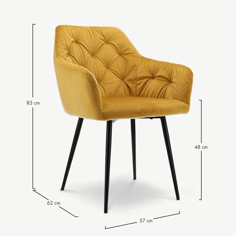 Vinny chaise en velours à accoudoirs, jaune
