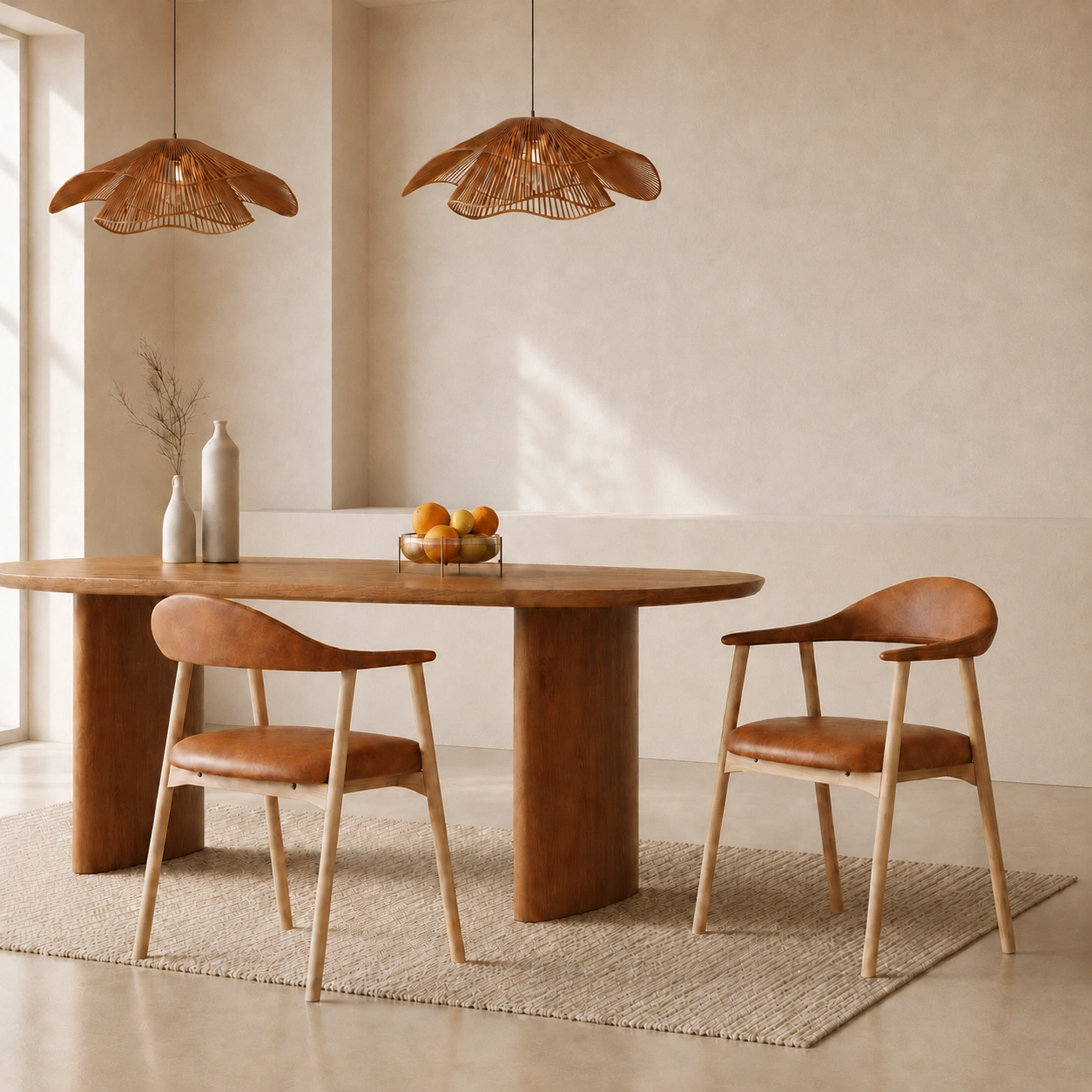 Scandinavian dining room with solid oak table, tapered-leg chairs and white walls flooded with natural light