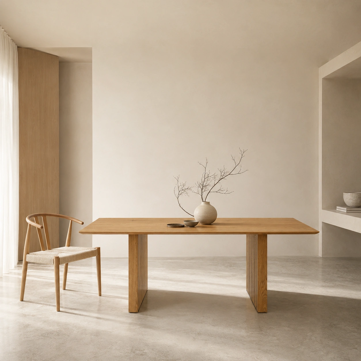 Lichte Scandinavische woonkamer met eiken vloer en stoel bij het raam