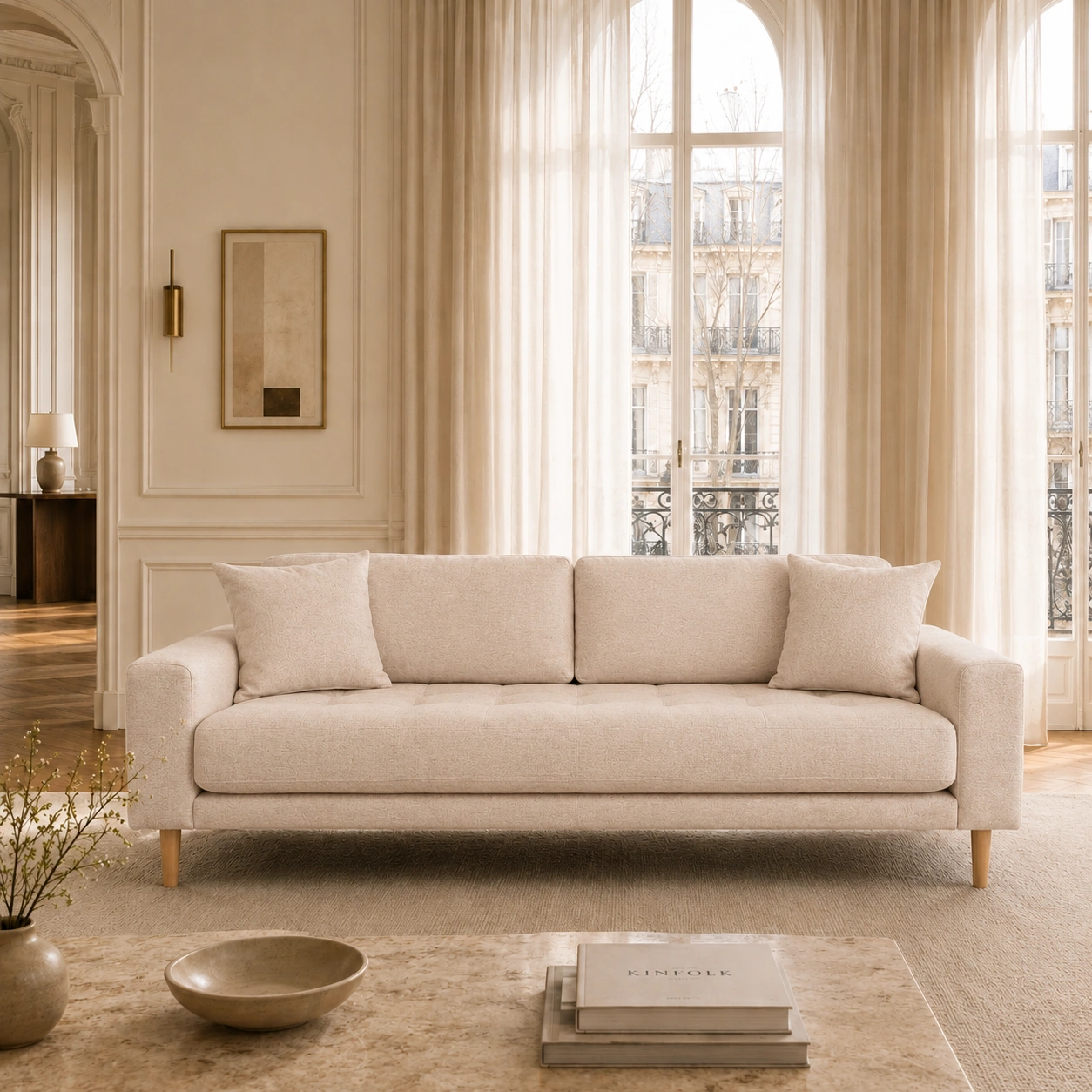 Scandinavian living room in an older European apartment with floorboards and high ceilings