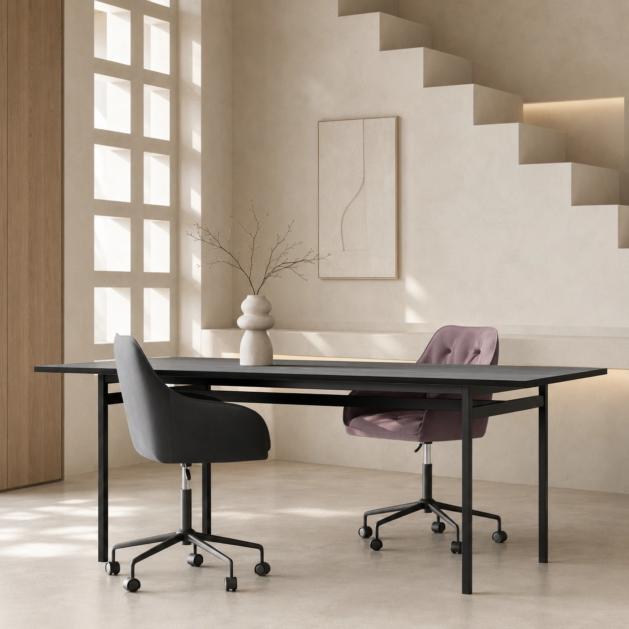 Roze bureaustoel in dusty rose tint naast een eiken bureau met linnen kussen en plant