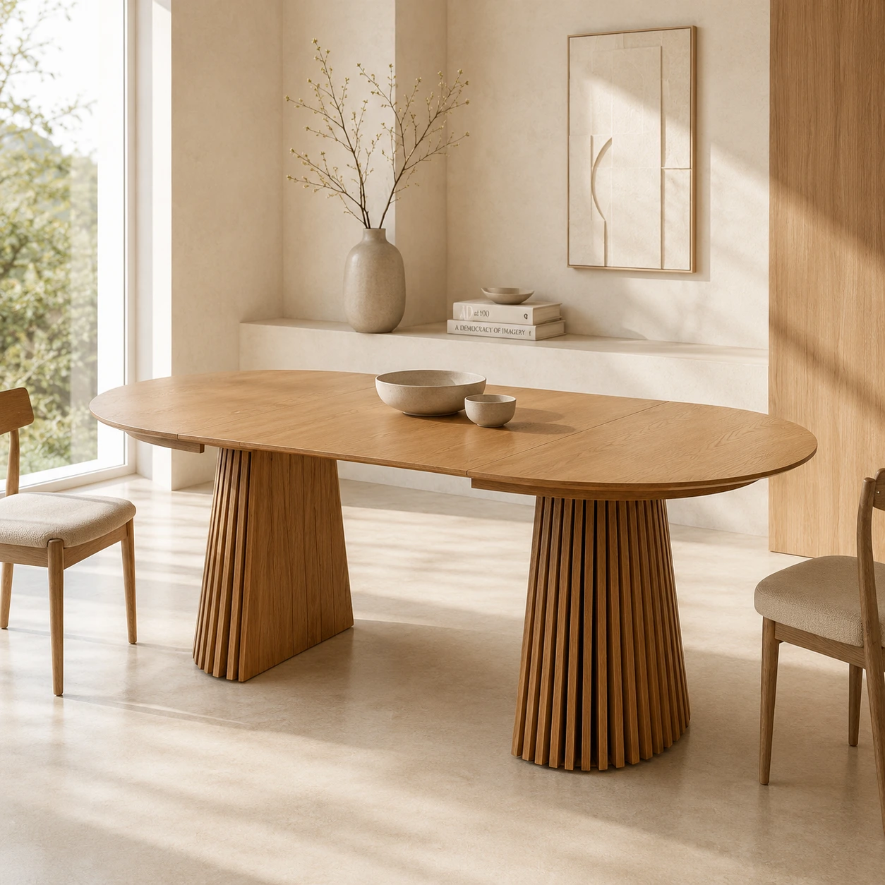 Wood and marble dining tables side by side