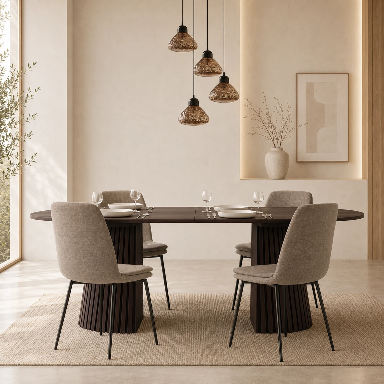 Zement-Esstisch mit schwarz beschichtetem Stahl-Untergestell in einem industriellen Loft mit Metallstühlen
