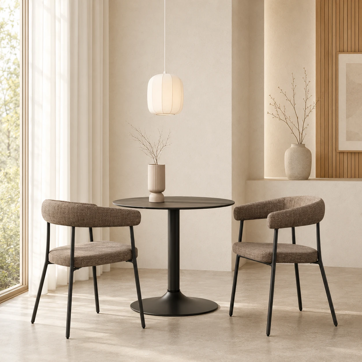Chaises scandinaves noires autour d'une table en chêne clair dans une pièce lumineuse