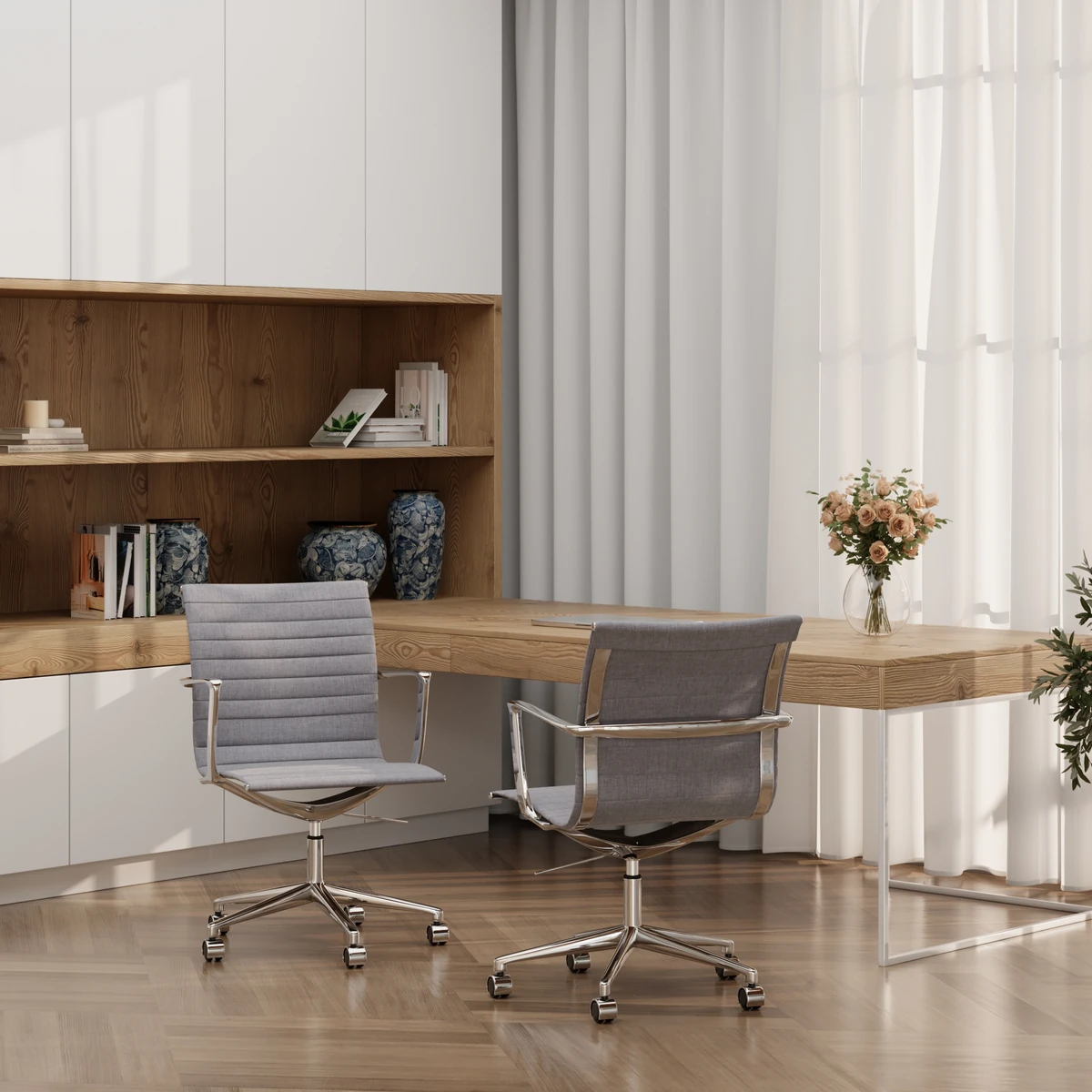 Detail d'une chaise de bureau greige avec tissu tisse et pietement noir mat