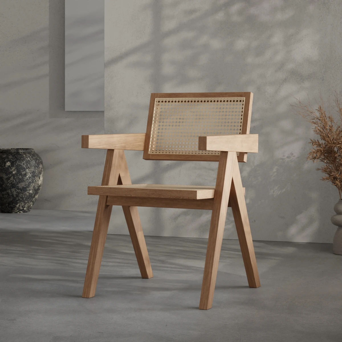 Bois de bout avec cernes visibles au pied d'une chaise scandinave en chêne