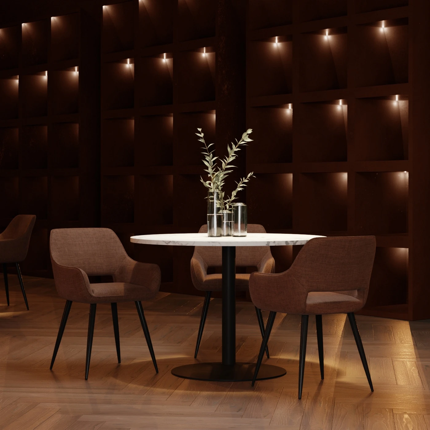 Restaurant interior with contract grade dining armchairs and a marble top cafe table