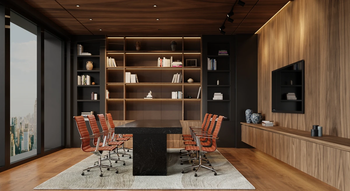 Scandinavian designer office chair in a bright living room with herringbone floor and grey sofa