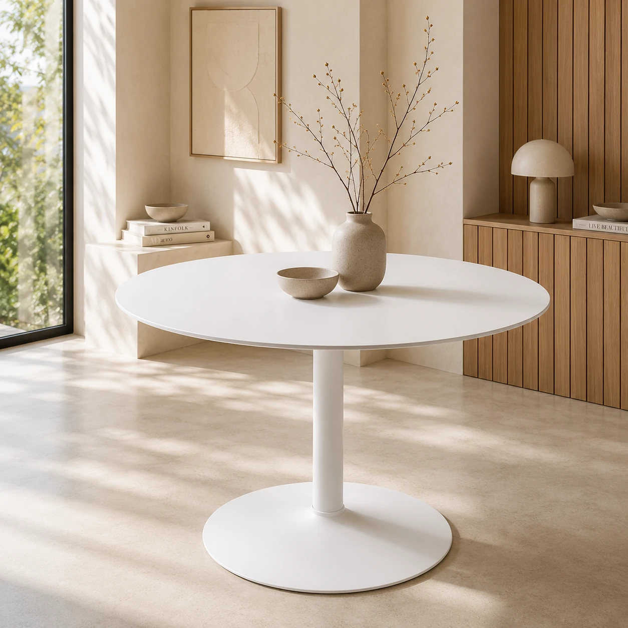 Vier stapelbare houten stoelen gestapeld in een Amsterdamse gang