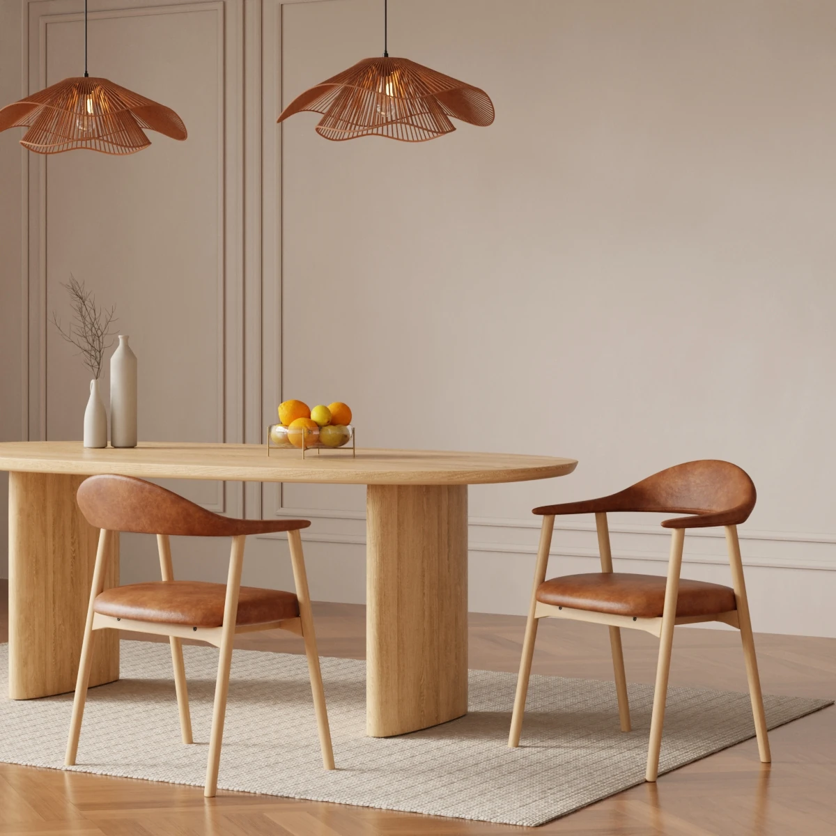 Hand applying furniture oil with a soft cloth to a solid oak dining table surface