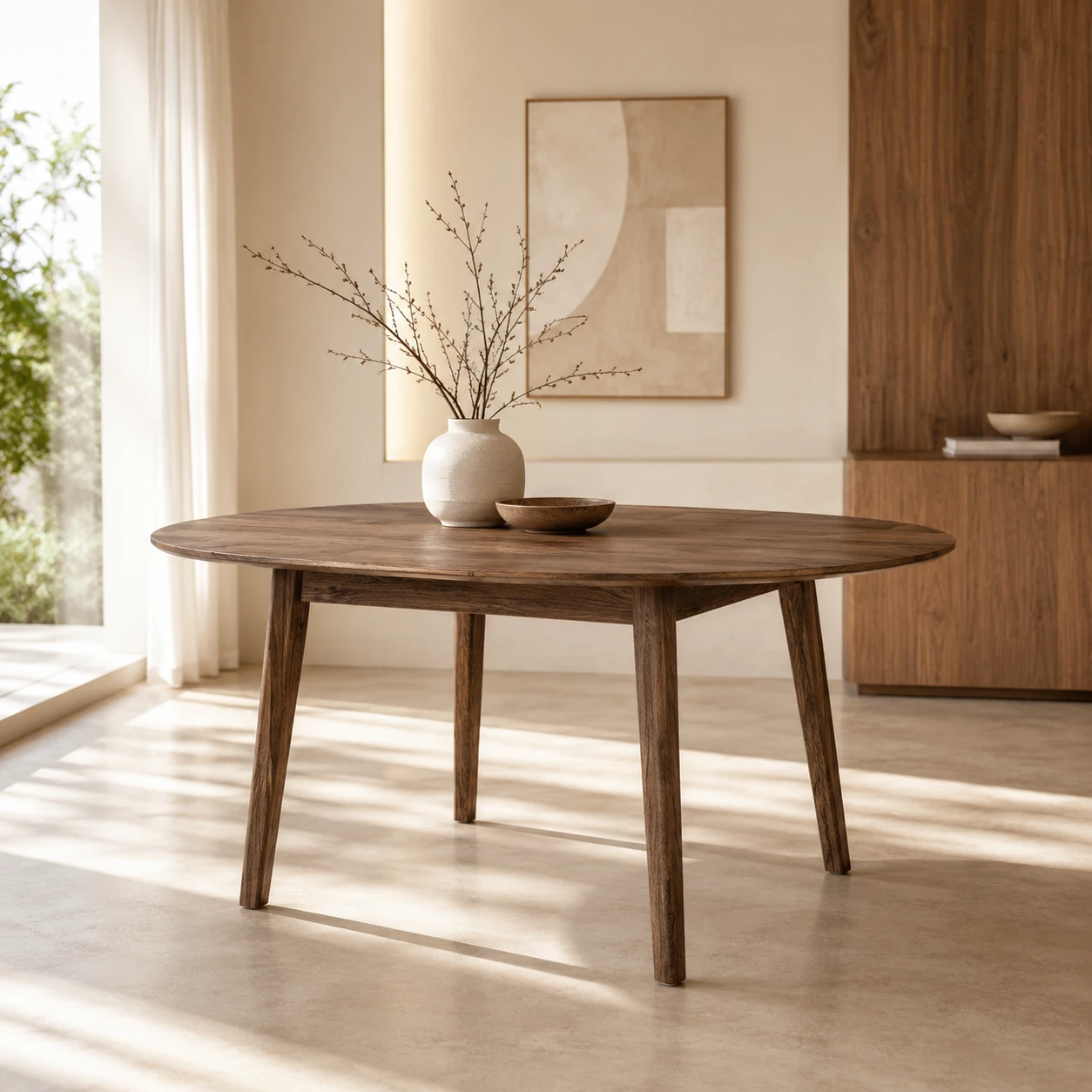 Meetlint op een eetkamervloer naast een houten eettafel