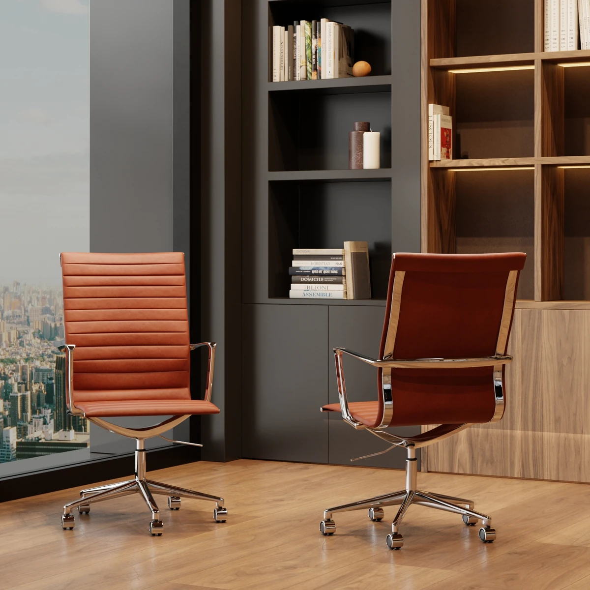 Feet flat on the floor while sitting in an ergonomic office chair
