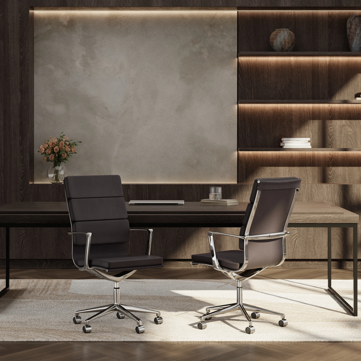 Detail du revetement en cuir grain naturel sur un fauteuil de bureau design contemporain