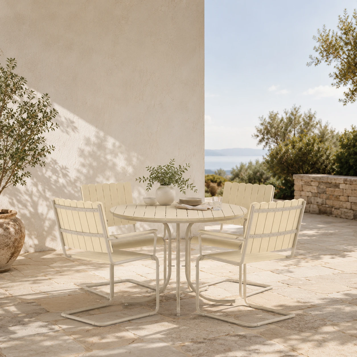 Garden furniture set displayed next to individually selected pieces for comparison