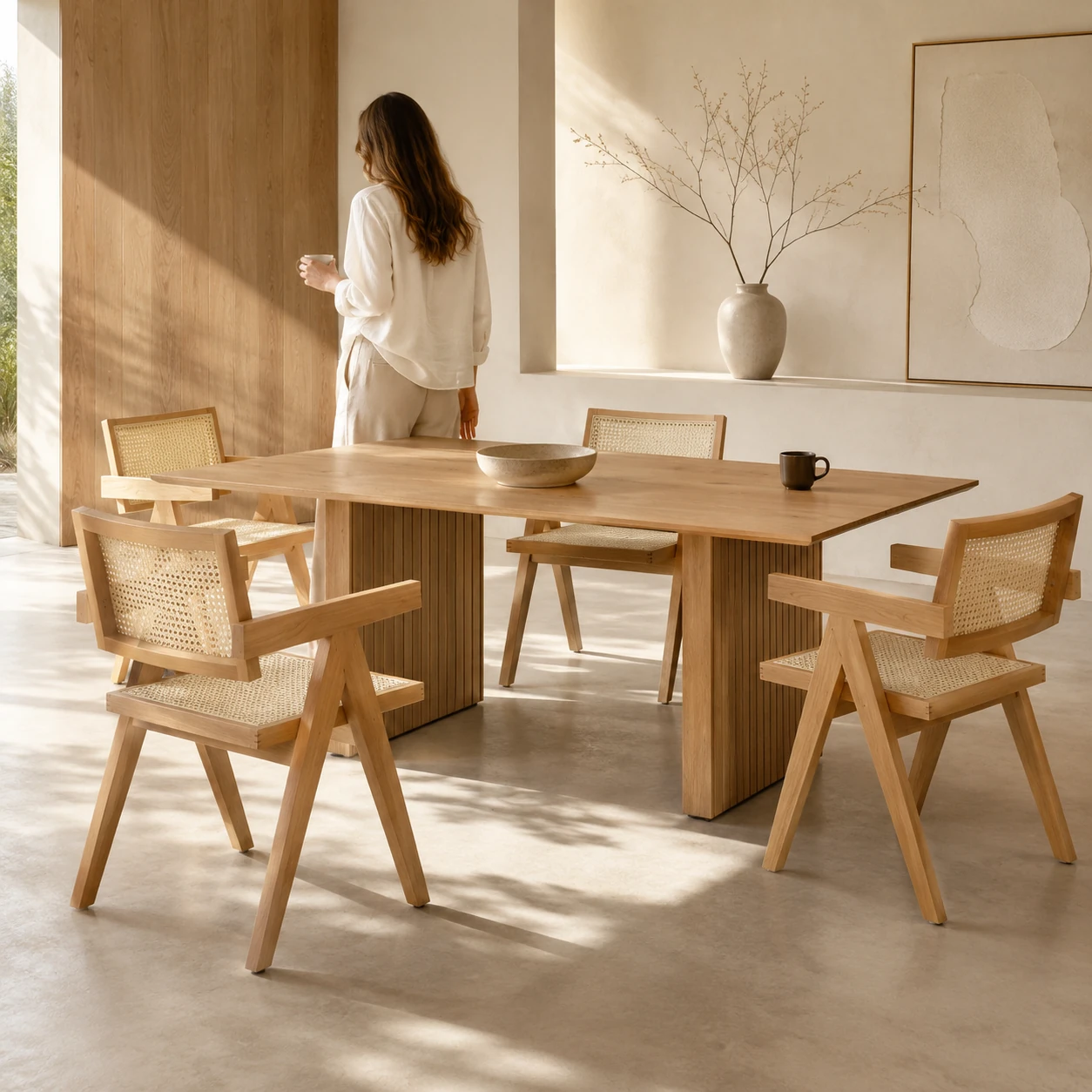 Zes stoelen rond een rechthoekige eiken tafel van 180 cm