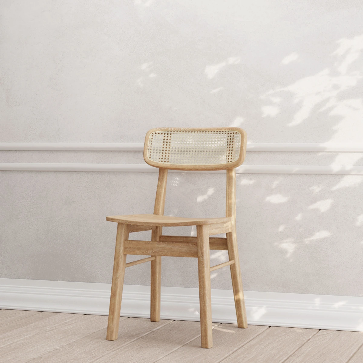 Detail of mortise-and-tenon joinery on an oak Japandi dining chair