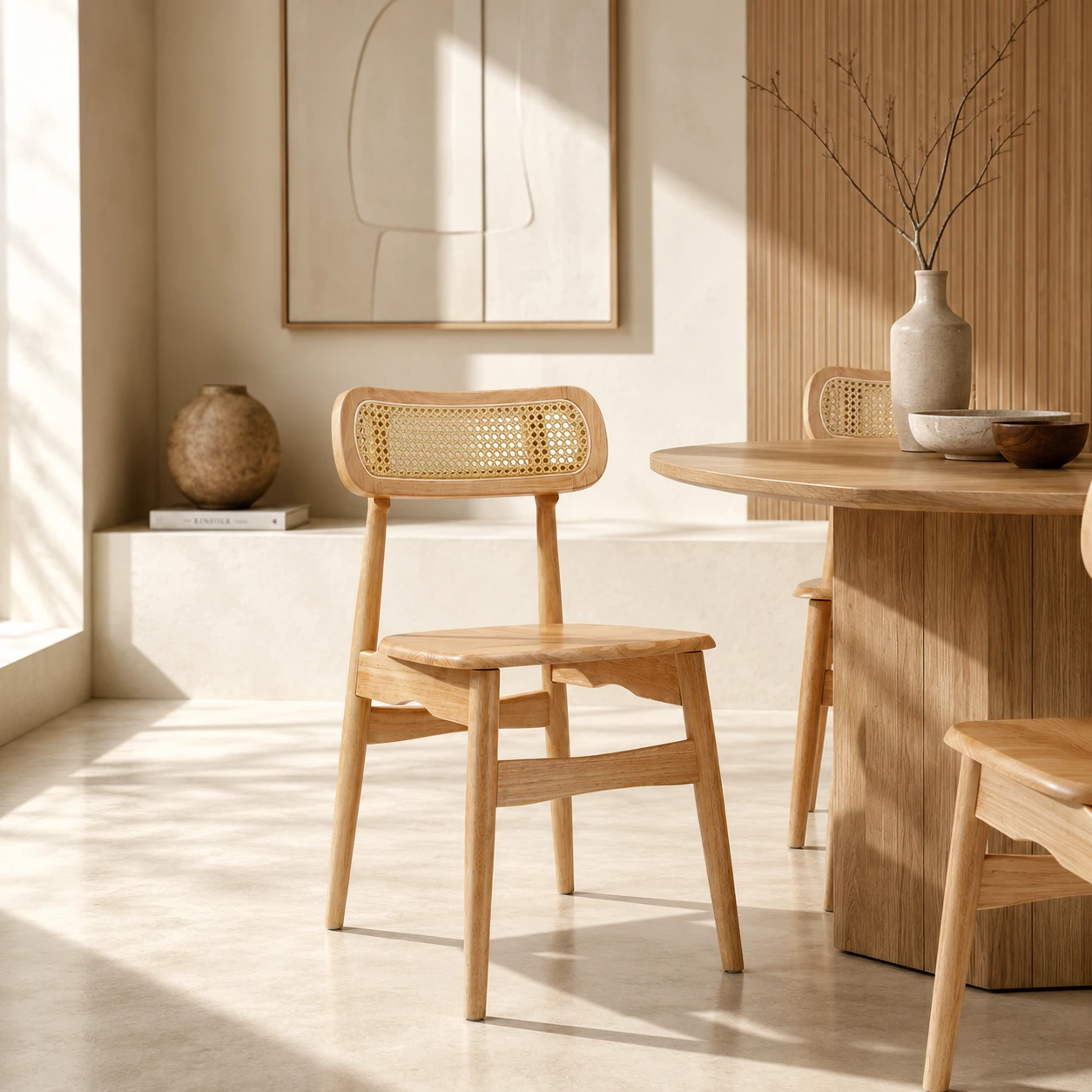 Freischwinger aus Naturrattan und Chromrahmen im Stil Noor in einem hellen Esszimmer