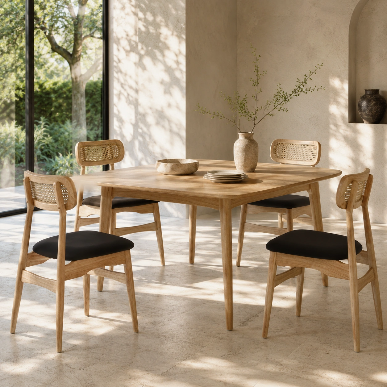 Japandi dining chair with oak frame and rattan seat, detail view