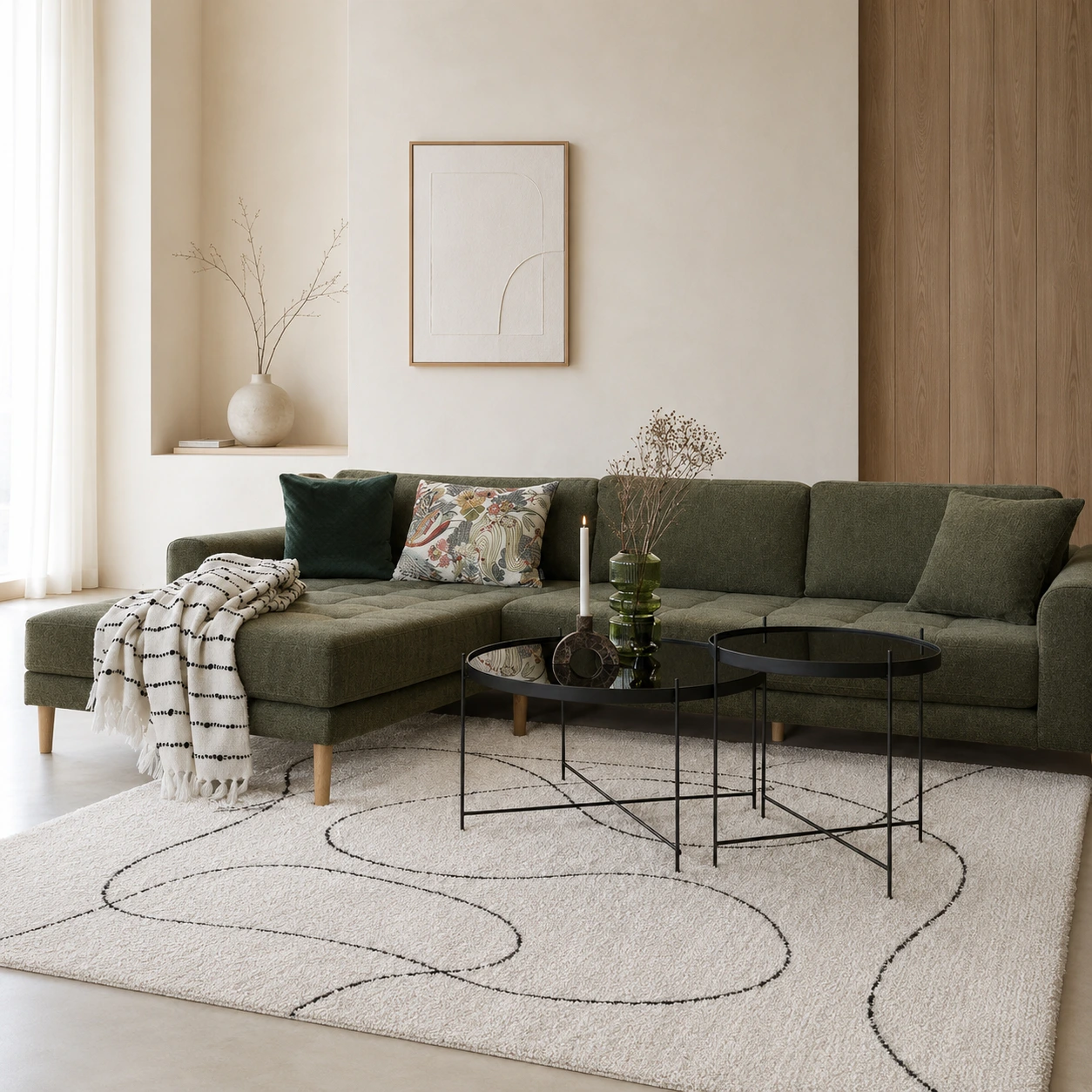 Beige L-hoekbank in een open woonkamer met lichte eiken vloer