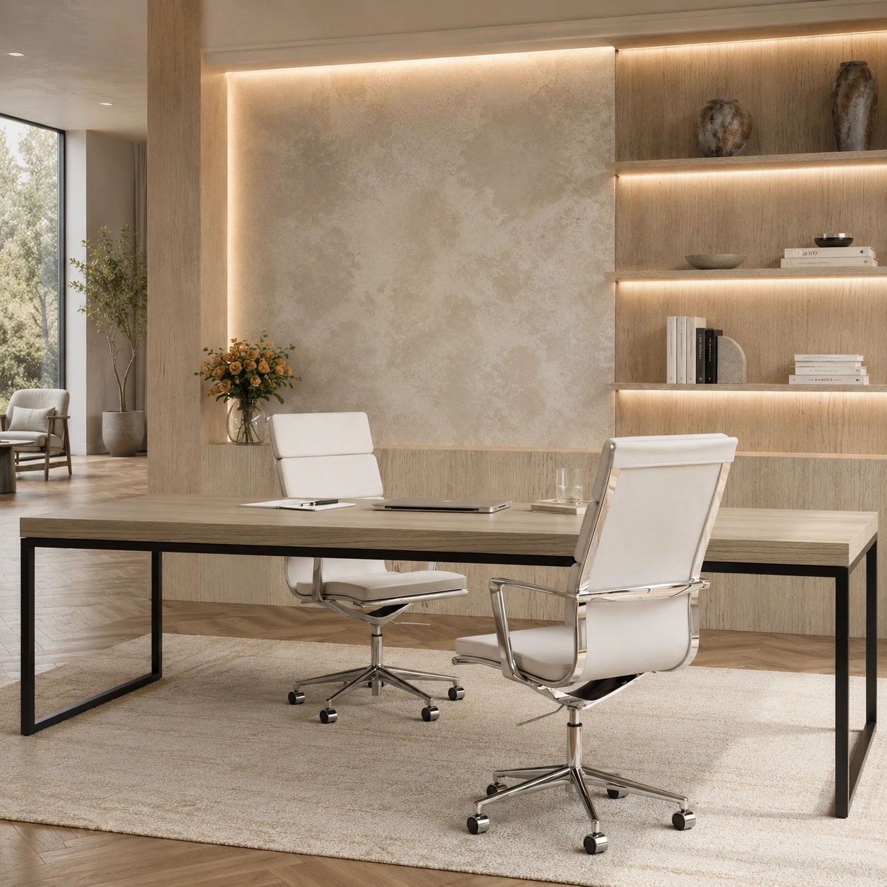 Weißer Bürostuhl in einem hellen Japandi-Arbeitszimmer mit Eichenschreibtisch