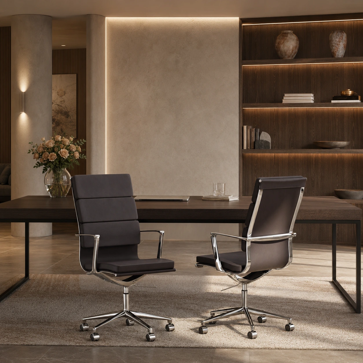 Chaise de bureau noire en mesh dans un bureau moderne avec table en chêne foncé et lampe industrielle