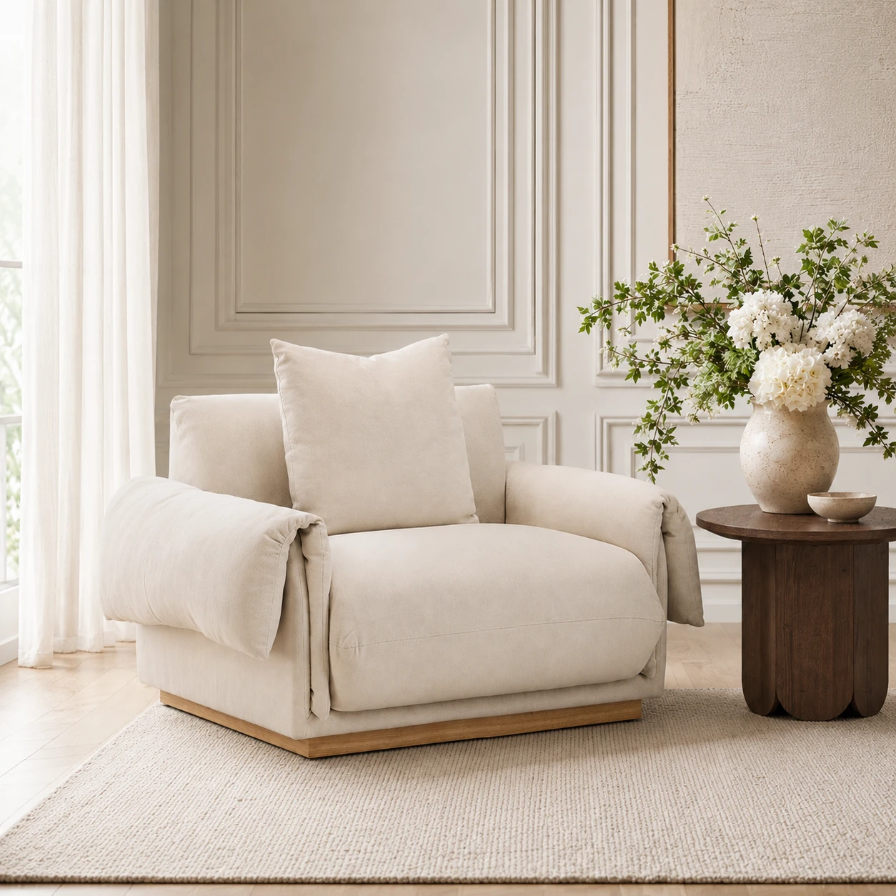 Mid-Century Modern Sessel mit Nussbaumgestell und Boucle Polsterung im Sonnenlicht