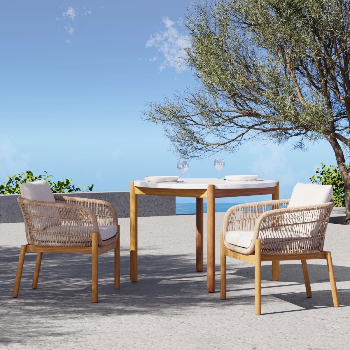 Natural rattan chair with loosened weave and grey patches after one summer fully outdoors