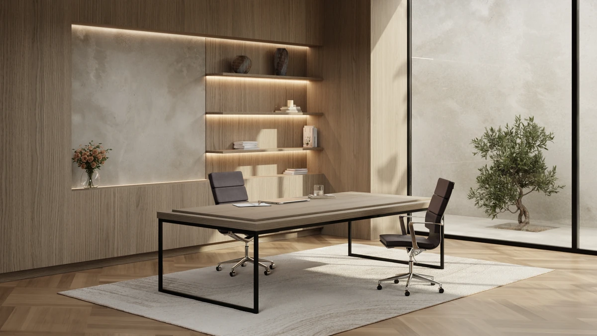 Cognac leather office chairs around a conference table in a wood-panelled study
