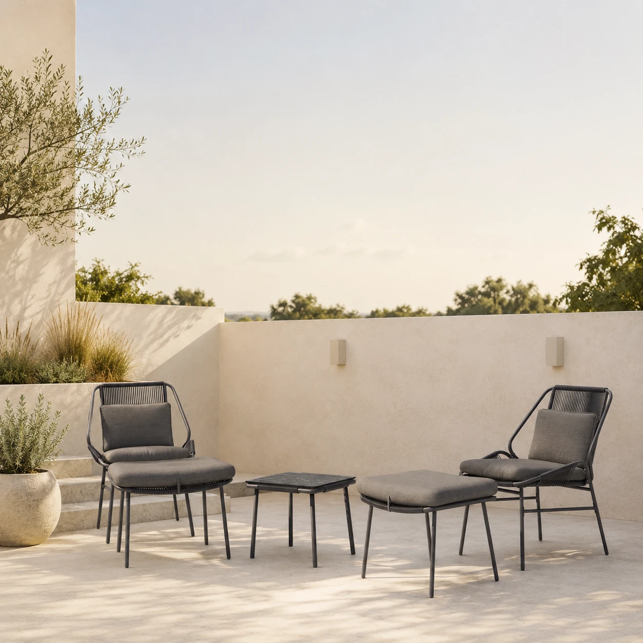 Natural rattan chair with loosened weave and grey patches after one summer fully outdoors