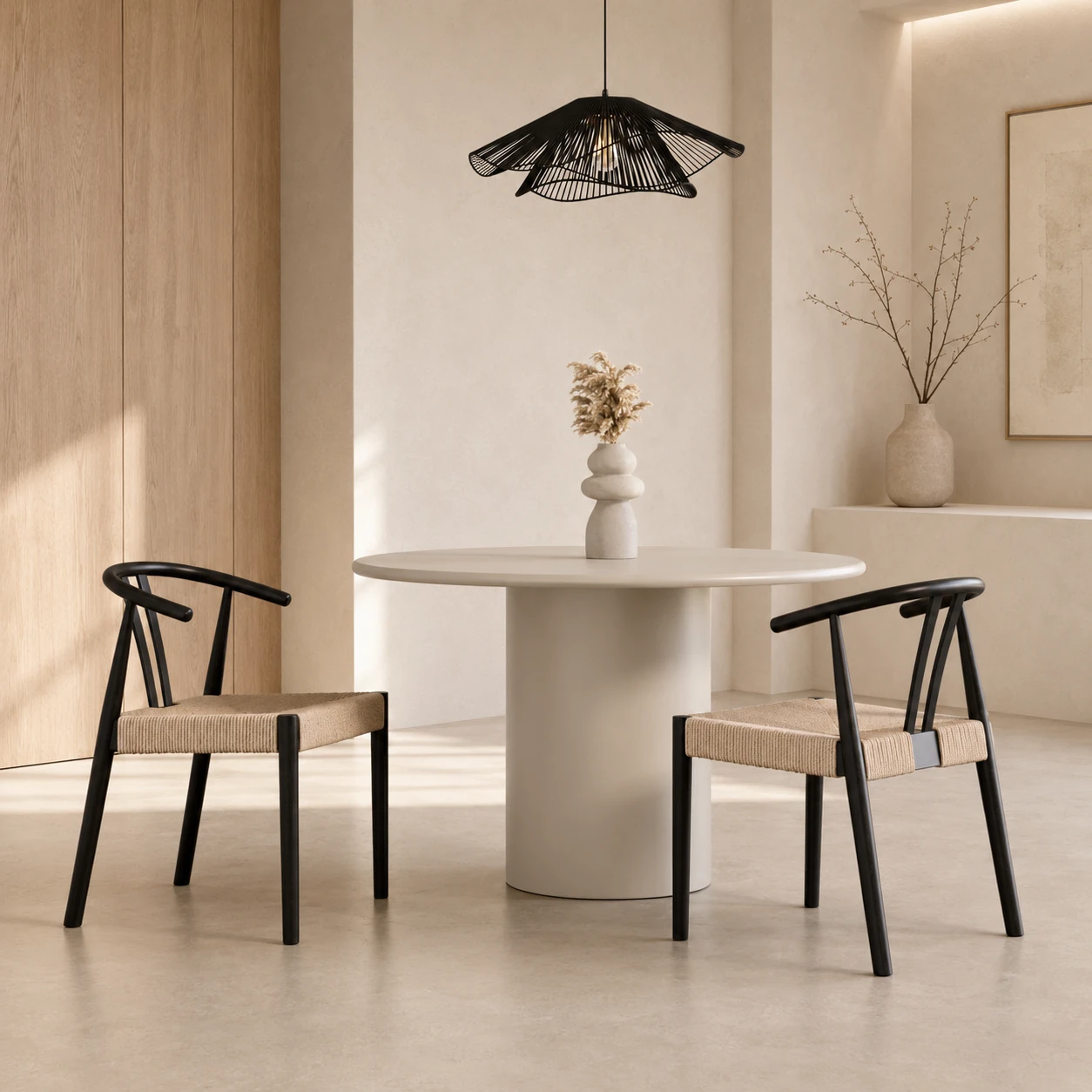 Table de salle à manger ronde blanche de 110 cm dans une cuisine scandinave aux murs gris clair