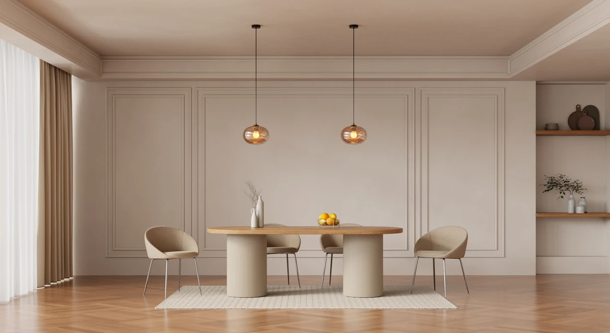 Salle à manger scandinave complète avec table, six chaises et buffet en chêne clair