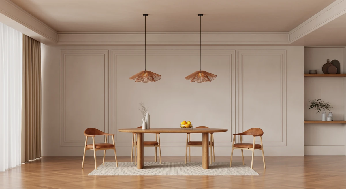 Six chaises scandinaves autour d'une longue table en chêne avec chemins de table en lin