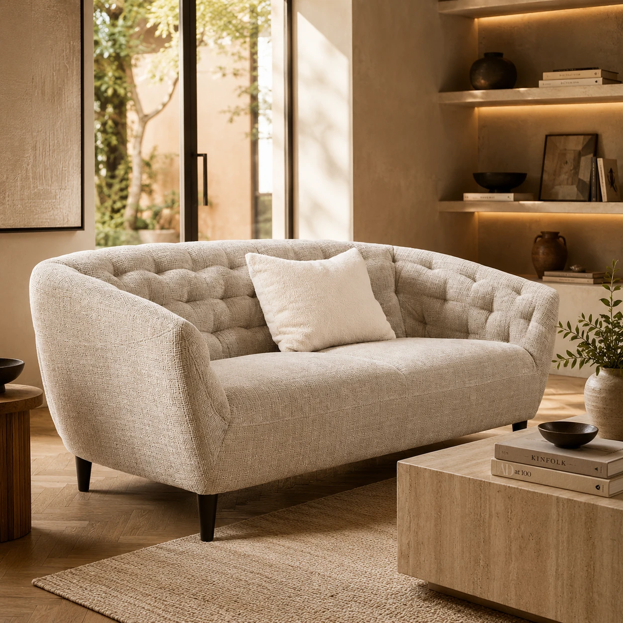 Detailaufnahme eines Vollnarbenleder-Sofas mit Patina nach Jahren der Nutzung