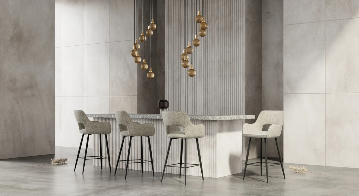 Upholstered armrest dining chair in beige fabric, three-quarter view