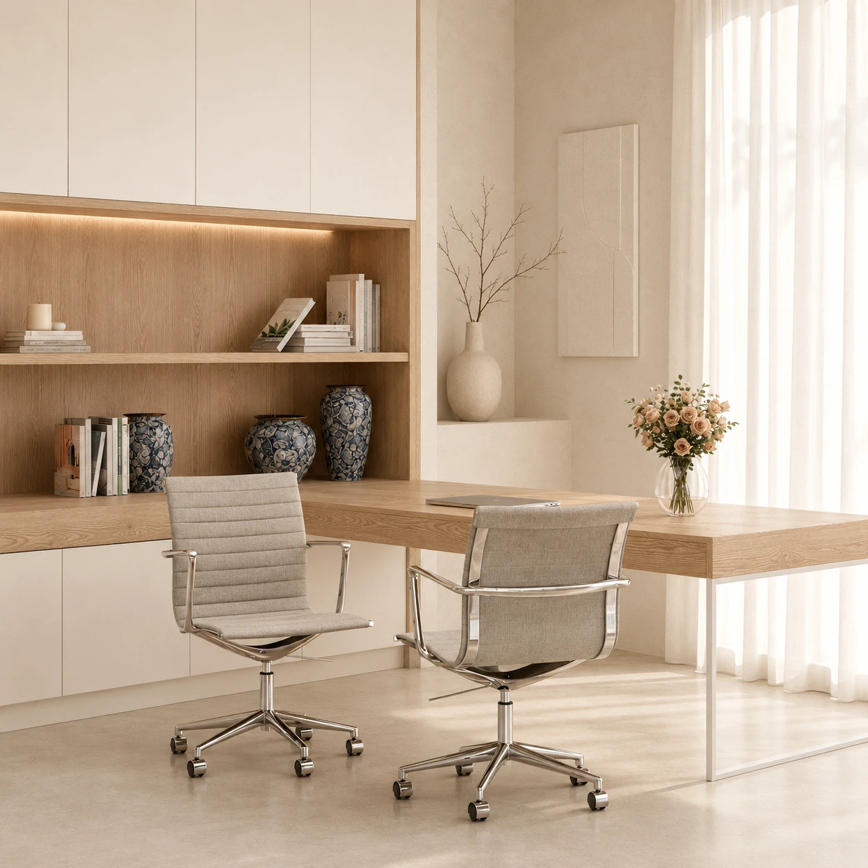 Beige bureaustoel in warme zandtint naast een licht eiken bureau in een Nederlands thuiskantoor