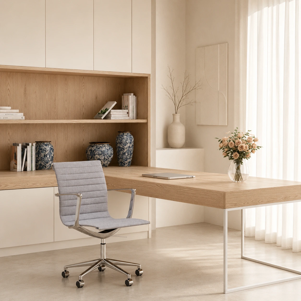 Design-Bürostuhl aus hellem Holz mit Naturstoff in einem Japandi-Homeoffice in Berlin