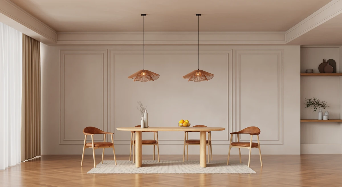 Esszimmer mit Bugholzstühlen und einem Tisch aus recyceltem Holz
