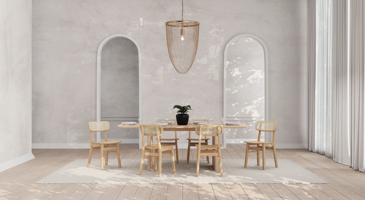 Jenson rattan dining chairs around a natural wood dining table
