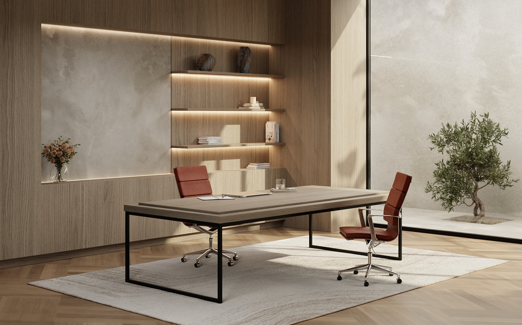 Walton Bürostuhl mit Rollen an einem privaten Schreibtisch mit Betonwand und abstrakter Kunst